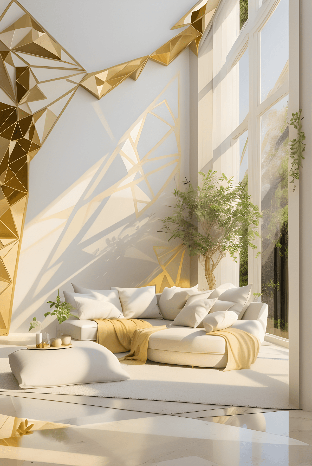 Designed by UPSCALE -> Interior rendering, sunlight, afternoon light, daylight, trees, white, couch, luxury, limestone wall ...