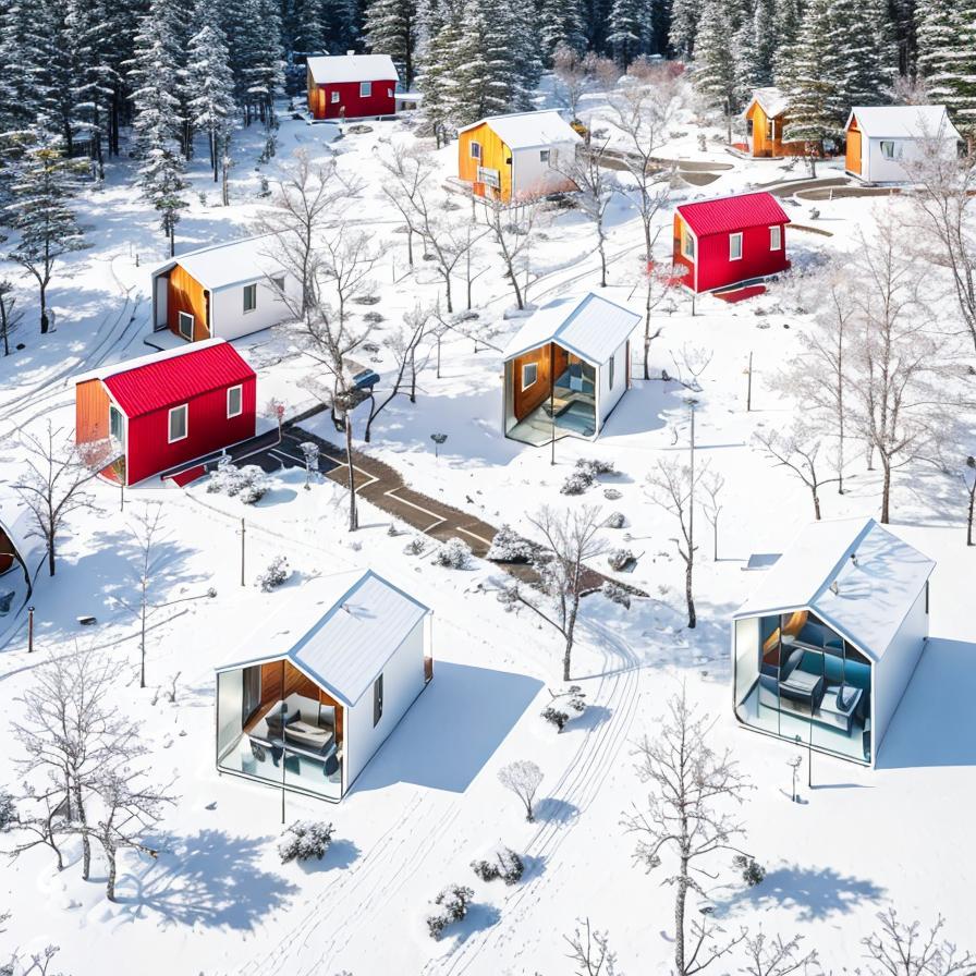 Designed by AI Navigator -> Arial view, snow, winter, metal mirror, modern houses, afternoon light, cabins, reflective modern vi ...