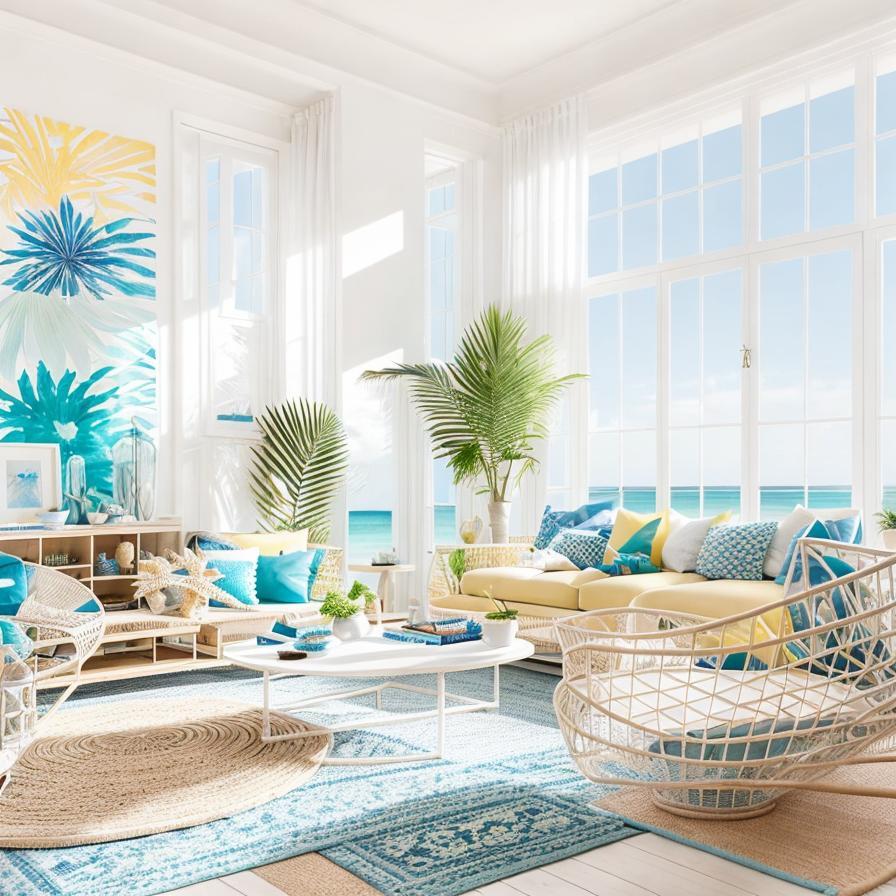 Designed by AI Navigator -> Interior living room, beach vibes, frels, serenity, whites palette, pantone, pastels, materials plus ...