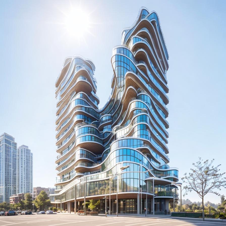 Designed by AI Navigator -> afternoon light, clear skies, clear background, curved balconies, summer, exterior facade details, s ...